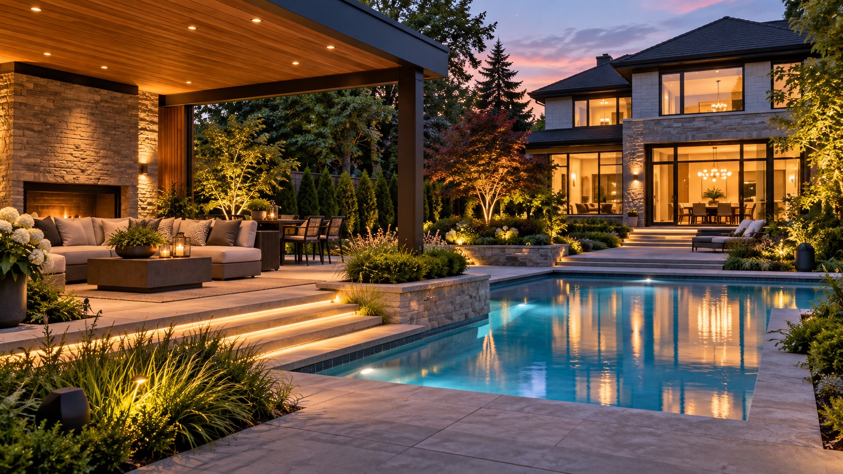 Illustrative outdoor solutions scene for a Texotec smart-living page